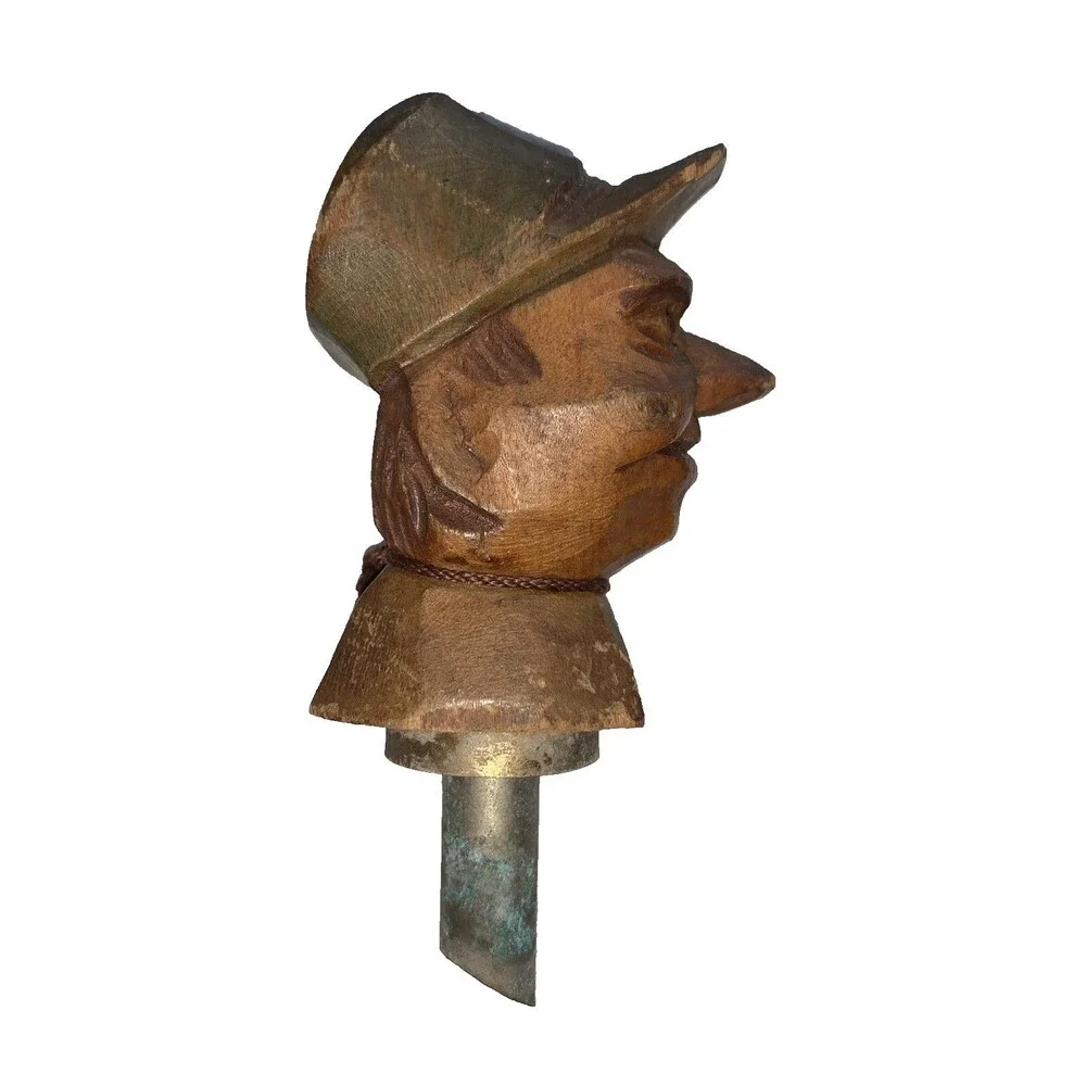 Vintage Hand Carved Folk Art Wine Bottle Stopper Metal Spout Wooden Man Barware